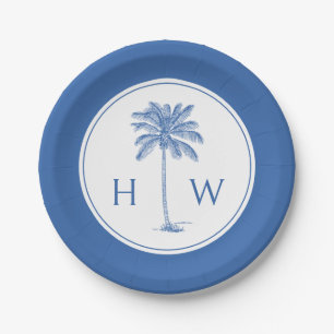 Blauw-witte palmboom Monogram Papieren Bordje