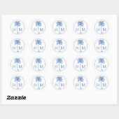 Blauw-witte palmboom Monogram Ronde Sticker (Vel)