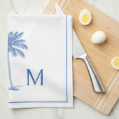 Blauw-witte palmboom Monogram Theedoek (Quarter Fold)