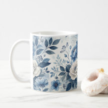 Blauw & Witte Pioen Bloemenmok – Elegante Botanisc