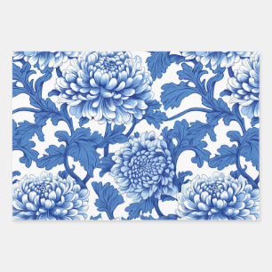 Blauw-witte pioenroos Chinoiserie Floral Inpakpapier Vel