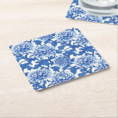 Blauw-witte pioenroos Chinoiserie Floral Vierkante Kartonnen Onderzetter (Schuin)