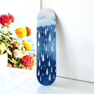 Blauw Witte Regendruppels Regenachtig Dag Patroon Skateboard