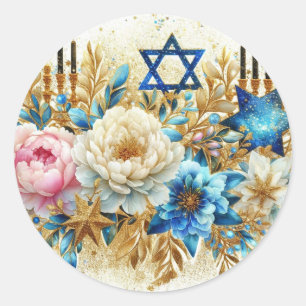 Blauw witte roze pioenrozen glinsteren glans water ronde sticker