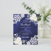 Blauw witte rozen kant bruiloft uitnodiging (Staand voorkant)