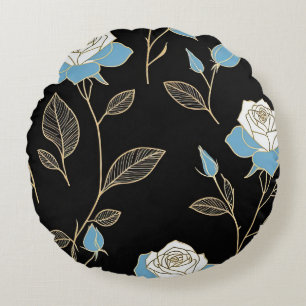 Blauw-witte rozen met gouden sierstrip rond kussen