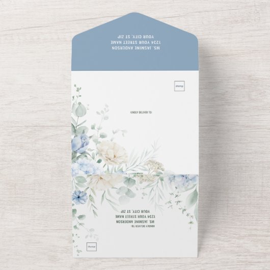 Blauw-witte rozen, pioenen bruiloft uitnodiging (Buitenkant)