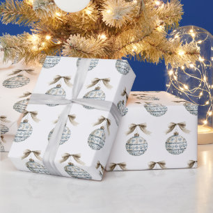 Blauw Witte Scandinavische Ornamenten Crème Strik Cadeaupapier