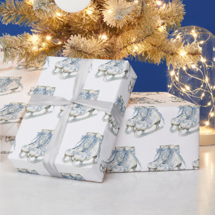 Blauw Witte Schaatsen Kerst Cadeaupapier