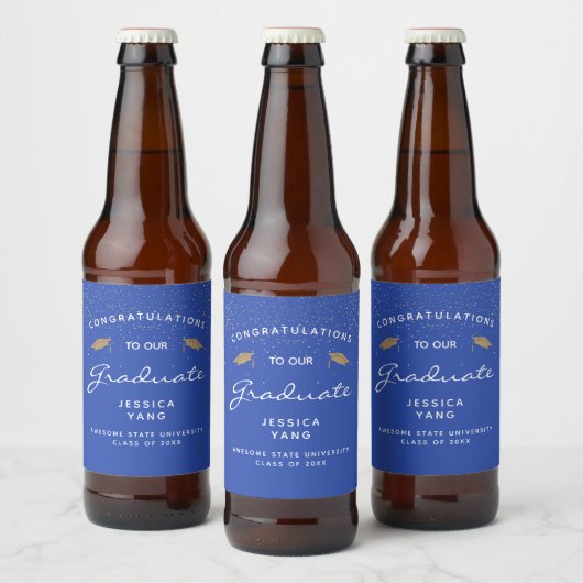 Blauw Witte Schrift Gouden Afstudeerhoed Bier Etiket (Flessen)