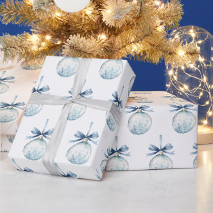 Blauw Witte Sneeuwvlokken Strikken Bollen Kerstmis Cadeaupapier