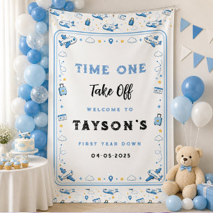 Blauw Witte Startende Vliegtuig Jongen 1e Verjaard Spandoek
