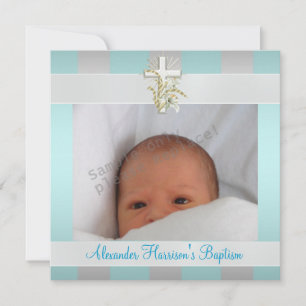 Blauw Witte Streep Foto Kruis Doop Christening Kaart
