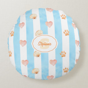 Blauw-witte streep - Harten, Poot, Print, Shell Rond Kussen