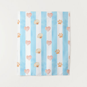 Blauw-witte streep - Harten, Poot, Print, Shell Wandkleed