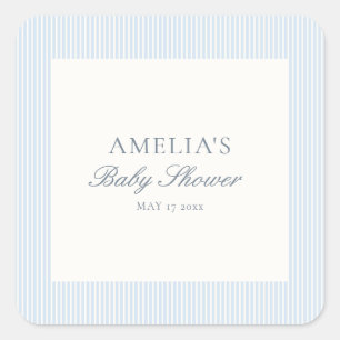 Blauw Witte Streep Klassieke Elegante Baby Shower Vierkante Sticker