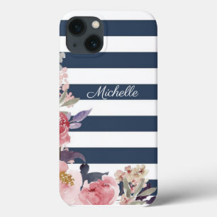 Blauw & witte streep monogrammed iPhone case