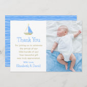 Blauw-witte streep zeilboot Baby shower Bedankkaart (Voorkant / Achterkant)