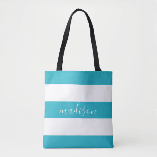 Blauw-witte strepen met naam Typografie Draagtas
