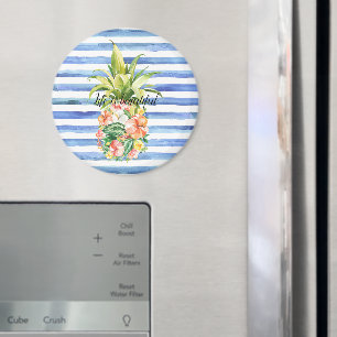 Blauw Witte Strepen Tropisch Bloemmotief Ananas Magneet