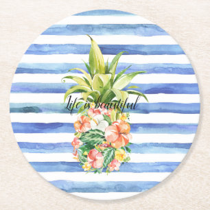 Blauw Witte Strepen Tropisch Bloemmotief Ananas Ronde Kartonnen Onderzetter