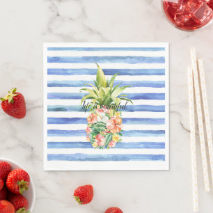 Blauw Witte Strepen Tropisch Bloemmotief Ananas Servet
