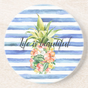 Blauw Witte Strepen Tropisch Bloemmotief Ananas Zandsteen Onderzetter