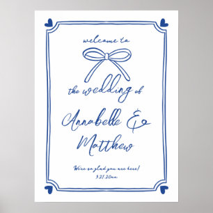 Blauw Witte Strik Whimsisch Trouw Welkom Bord Poster