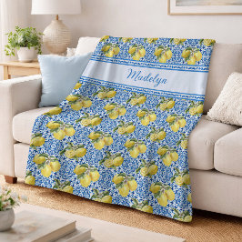 Blauw Witte Tegel Citroen Mediterraan Patroon Naam Fleece Deken