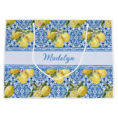 Blauw Witte Tegel Citroen Mediterraan Patroon Naam Groot Cadeauzakje (Voorkant)