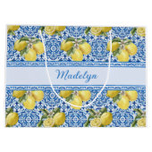 Blauw Witte Tegel Citroen Mediterraan Patroon Naam Groot Cadeauzakje (Achterkant)