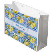Blauw Witte Tegel Citroen Mediterraan Patroon Naam Groot Cadeauzakje (Voorkant Gekanteld)