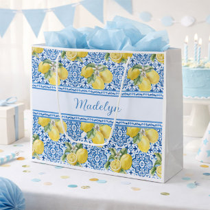 Blauw Witte Tegel Citroen Mediterraan Patroon Naam Groot Cadeauzakje