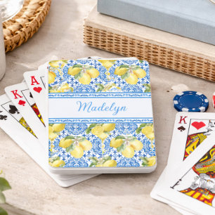Blauw Witte Tegel Citroen Mediterraan Patroon Naam Pokerkaarten