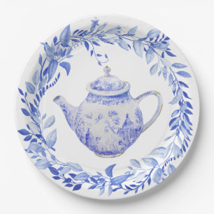 Blauw-Witte Theepot met Krans Papieren Bordje