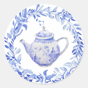 Blauw-Witte Theepot met Krans Ronde Sticker