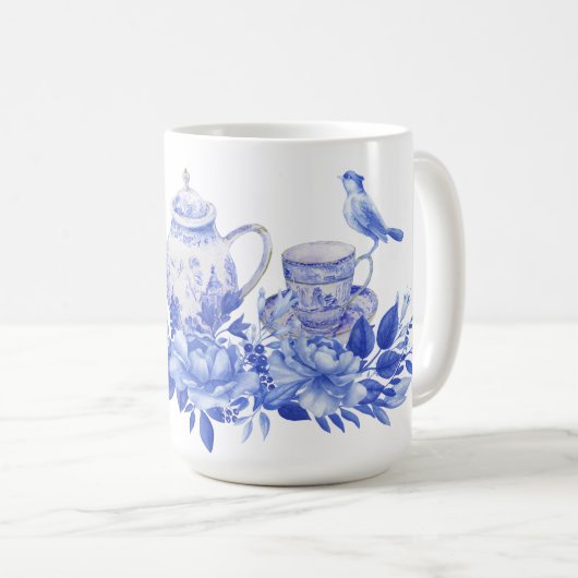 Blauw-witte theeset met vogeltjes Mok (Voorkant rechts)