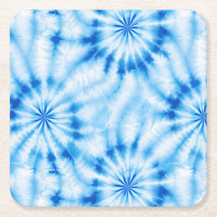 Blauw Witte Tie Dye Vierkante Kartonnen Onderzetter