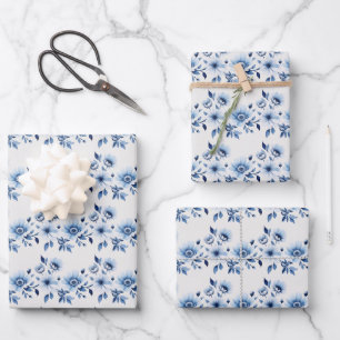 Blauw Witte Toile Bloemachtige Baby Shower Huwelij Inpakpapier Vel