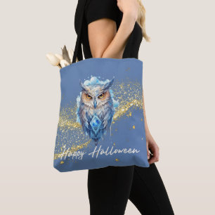 Blauw & Witte Uil Goud Glitter Blauw Halloween Draagtas