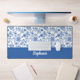 Blauw Witte Vintage Bloemige Gepersonaliseerde Naa Bureaumat