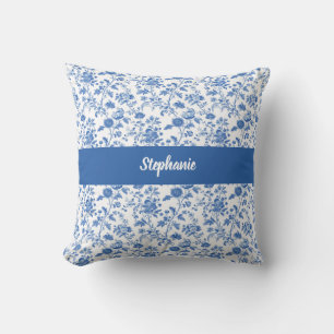 Blauw Witte Vintage Bloemige Gepersonaliseerde Naa Kussen