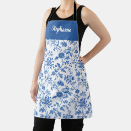 Blauw Witte Vintage Bloemige Gepersonaliseerde Naa Schort