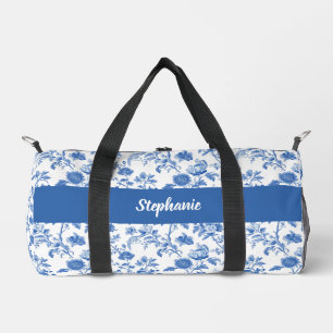 Blauw Witte Vintage Bloemige Monogram Naam Plunjezak