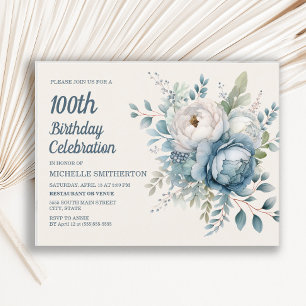 Blauw Witte Vintage Bloemige Vrouwen 100ste Verjaa Uitnodiging Briefkaart