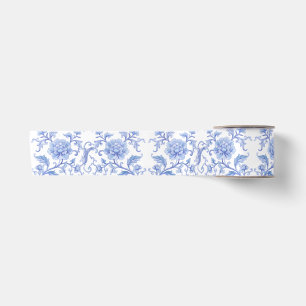 Blauw-witte vintage chinoiserie bloempatroon lint