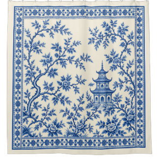 Blauw-witte vintage chinoiserie pagode bloemmotief douchegordijn