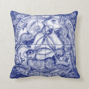 Blauw-Witte Vintage Ren Lopende Haas Konijn Trio F Kussen