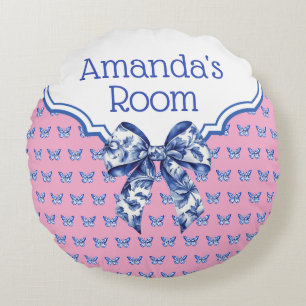 Blauw Witte Vlinderboog Gepersonaliseerd Rond Kussen