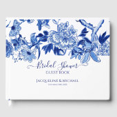 Blauw Witte Vogels Bloemige en Blad Bruidsdouche Gastenboek (Voorkant)